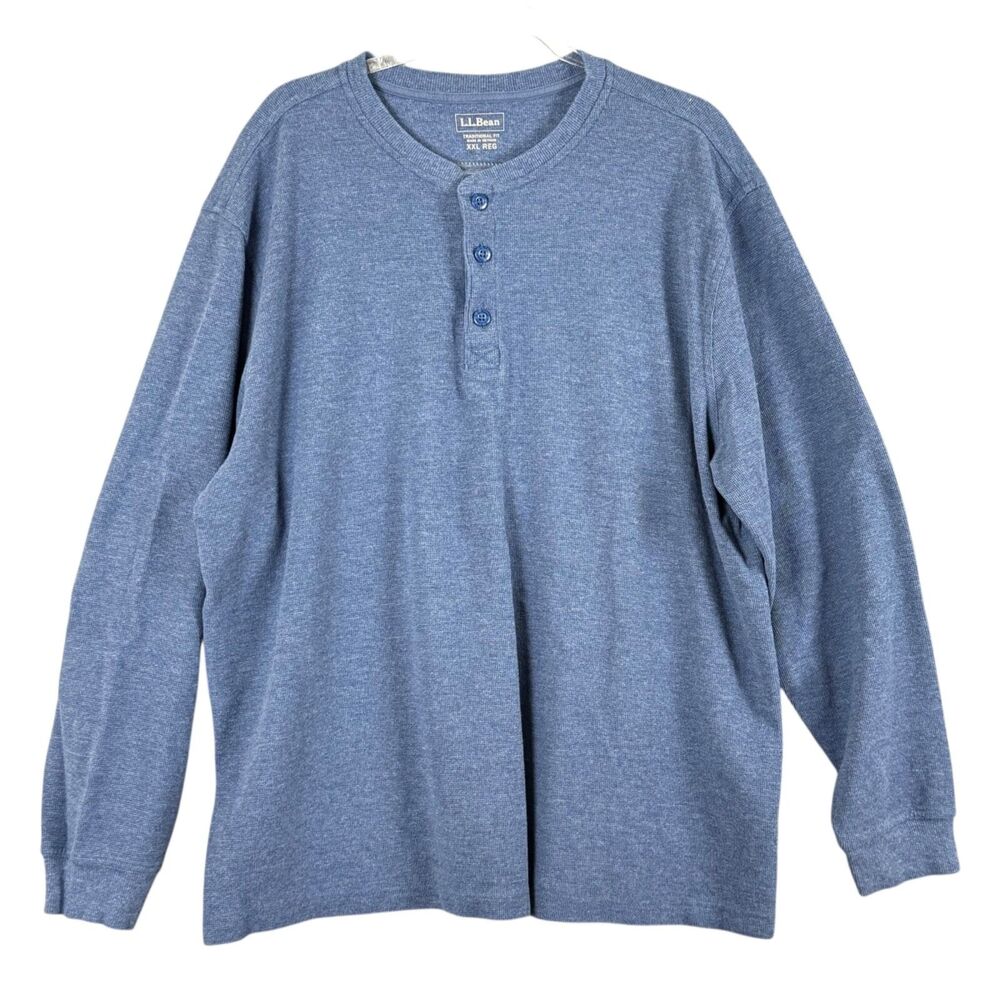 LL Bean Henley Shirt Mens 2XL Blue Waffle Knit Thermal L/S Traditional Fit Thick